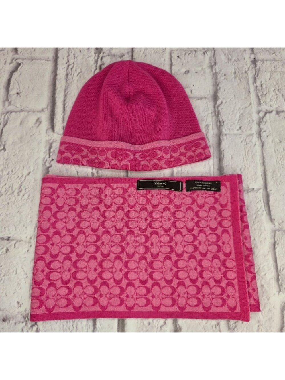 Coach Knit C Scarf & Beanie Set Merino Wool Metallic Signature Pink